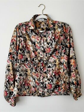 Vintage Latiffa 1970s Floral Silk Blend Button Down Blouse, Neutral & Pink – 10
